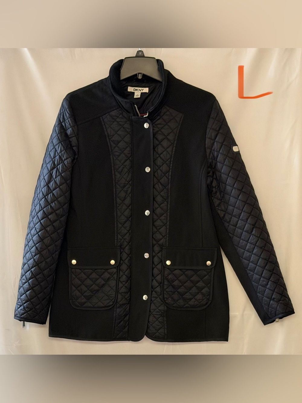 DKNY Black Quilted-Panel Snap-Front Puffer Jacket